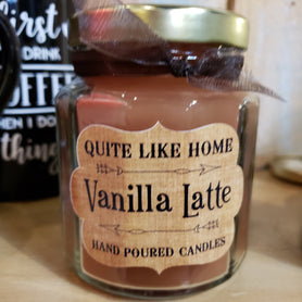 Vanilla Latte scented 6.5 oz. jar candle with gold lid, & organza ribbon