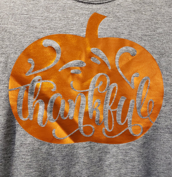 Thankful, swirly, metallic orange pumpkin, soft t-shirt
