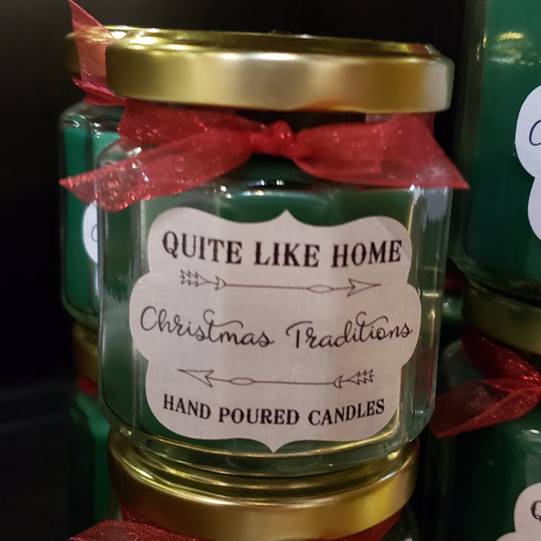 Christmas Traditions scented 4 oz. jar candle with gold lid, & organza ribbon.