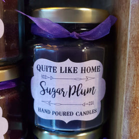 Sugar Plum scented 6.5 oz. jar candle with gold lid, & organza ribbon