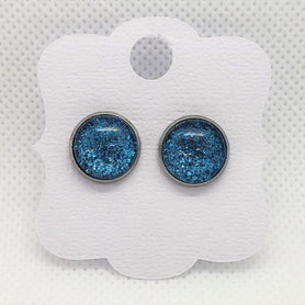 12mm (.47") diameter, circular, turquoise glitter, stainless steel stud earrings