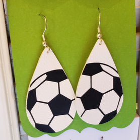 Soccer ball teardrop shaped faux leather earrings