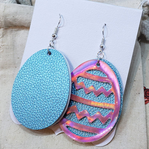 Fun, holographic Easter egg faux leather earrings
