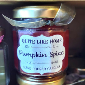 Pumpkin Spice scented 4 oz. jar candle with gold lid, and organza ribbon.
