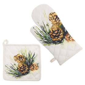 White Spruce Cotton Pot Holder & Oven Mitt Set Christmas