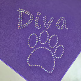 Aurora borealis rhinestone diva with paw design tie on, triangle shaped, dog / pet bandana