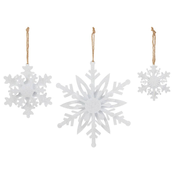 Metal White Sparkle Snowflake Ornaments Set of 3 Christmas