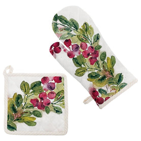 Cranberry Wreath Cotton Pot Holder & Oven Mitt Set Christmas