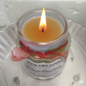 Dickens Christmas scented 4 oz. jar candle with gold lid, & organza ribbon.