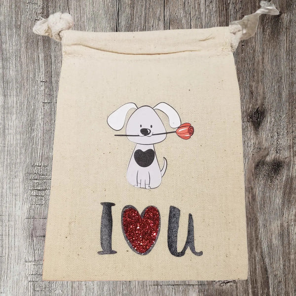 4x6 Love Cotton Muslin Gift Bag -  I love you - dog holding a rose