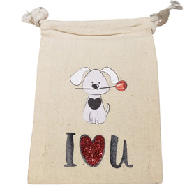 4x6 Love Cotton Muslin Gift Bag -  I love you - dog holding a rose