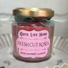 Fresh Cut Roses scented 4 oz. jar candle with gold lid, & organza ribbon