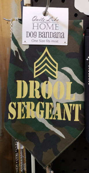 Drool Sergeant tie on, triangle dog / pet bandana. Do you have a dog breed that drools? Drooler, military, pet humor, dog accessories