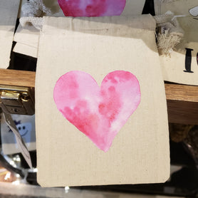 4" x 6" pink watercolor heart, love themed cotton muslin gift bag