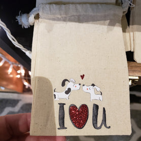 Two dogs kissing, with I love you, 4" x 6" love themed cotton muslin gift bag