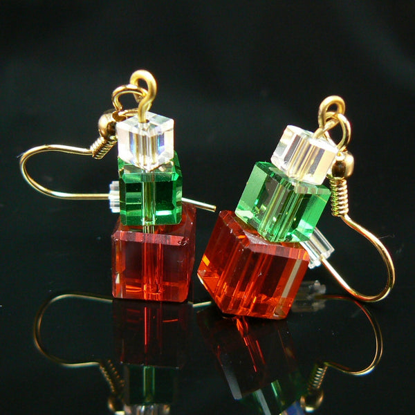 Stacked Christmas present Austrian crystal beaded earrings