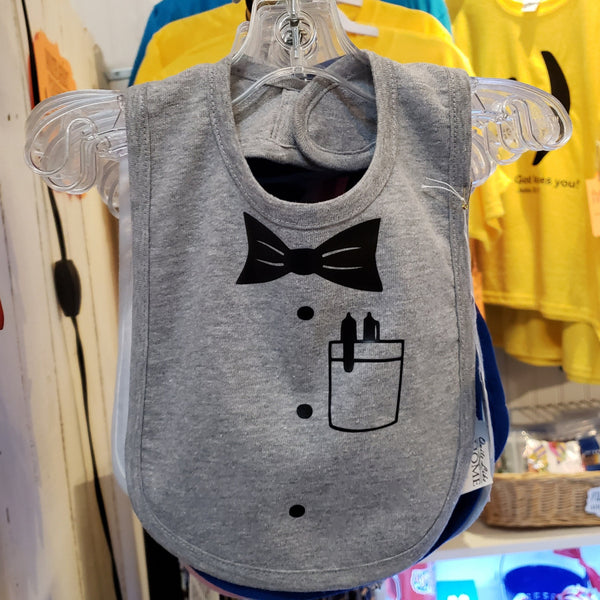 Nerd Baby Bib: Bow Tie and Pocket Protector Design, with hook and loop closure.