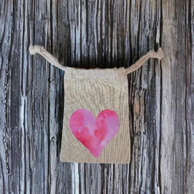4" x 6" pink watercolor heart, love themed cotton muslin gift bag