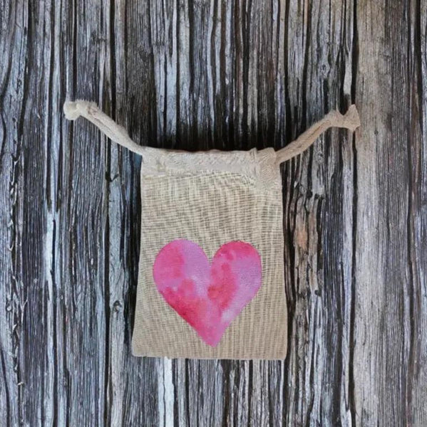 4" x 6" pink watercolor heart, love themed cotton muslin gift bag