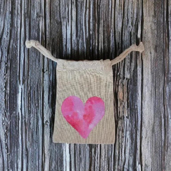 4" x 6" pink watercolor heart, love themed cotton muslin gift bag