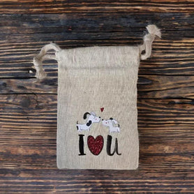 Two dogs kissing, with I love you, 4" x 6" love themed cotton muslin gift bag