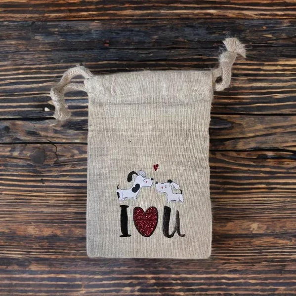 Two dogs kissing, with I love you, 4" x 6" love themed cotton muslin gift bag