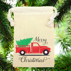 Red vintage truck w/ Christmas tree, Merry Christmas 4x6" cotton muslin gift bag