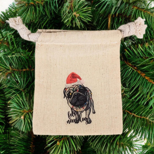 Feliz Navidog 3" x 4" cotton muslin gift bag