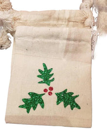 Glitter holly and red berries 3" x 4" cotton muslin gift bag