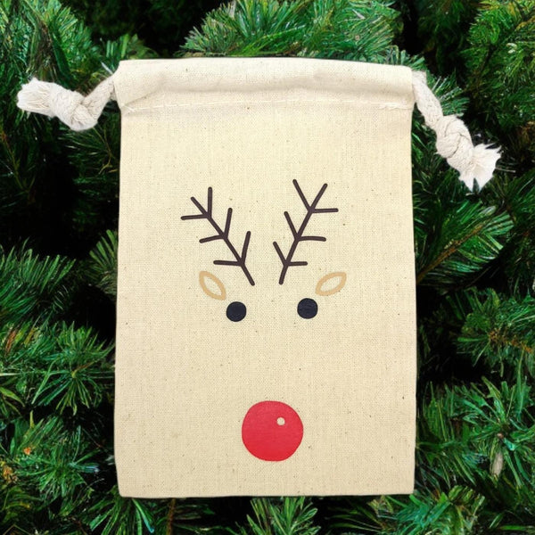 Rudolph 4" x 6" cotton muslin gift bag/ pouch