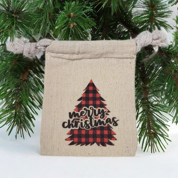 Plaid Merry Christmas tree 3" x 4" cotton muslin gift bag