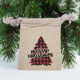Plaid Merry Christmas tree 3" x 4" cotton muslin gift bag