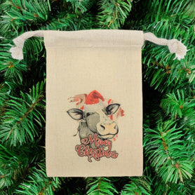 Mooey Christmas cow in Santa hat 4" x 6" cotton muslin gift bag