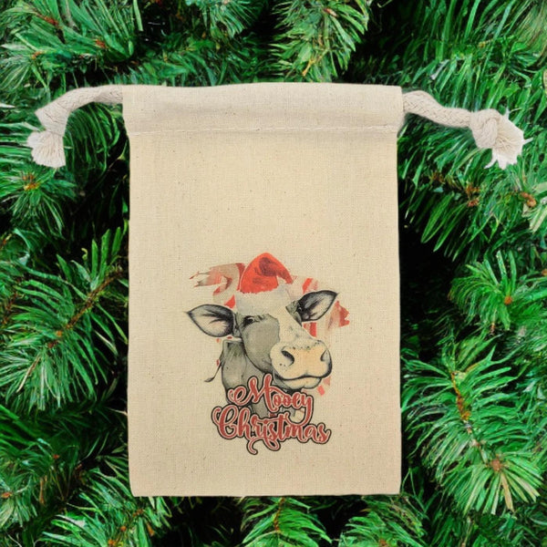 Mooey Christmas cow in Santa hat 4" x 6" cotton muslin gift bag