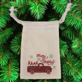 Merry Christmas gnomes in a truck 4" x 6" cotton muslin gift bag