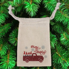 Merry Christmas gnomes in a truck 4" x 6" cotton muslin gift bag