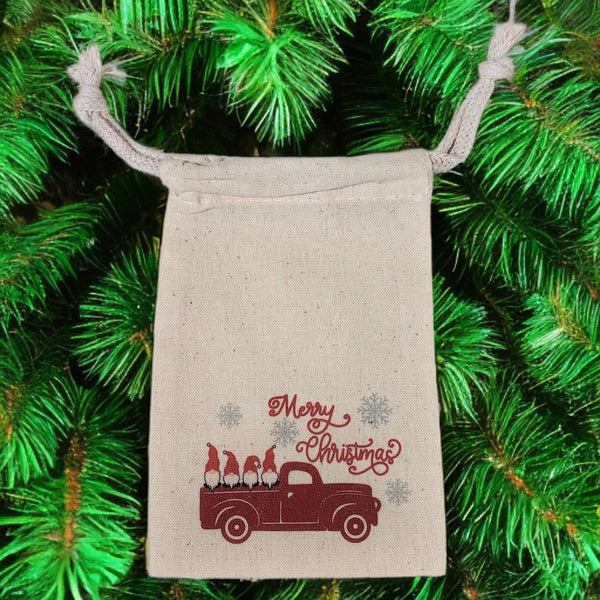 Merry Christmas gnomes in a truck 4" x 6" cotton muslin gift bag