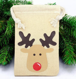 Rudolph Cotton Muslin Christmas Gift Bag, Holiday Pouch (4x6