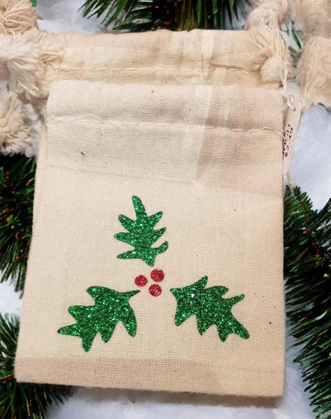 Glitter holly and red berries 3" x 4" cotton muslin gift bag