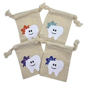 Girl Tooth Fairy Pouch, Smiling Tooth Keepsake, Customizable Hair Bow, Cotton Muslin Bag