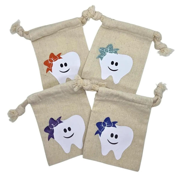 Girl Tooth Fairy Pouch, Smiling Tooth Keepsake, Customizable Hair Bow, Cotton Muslin Bag