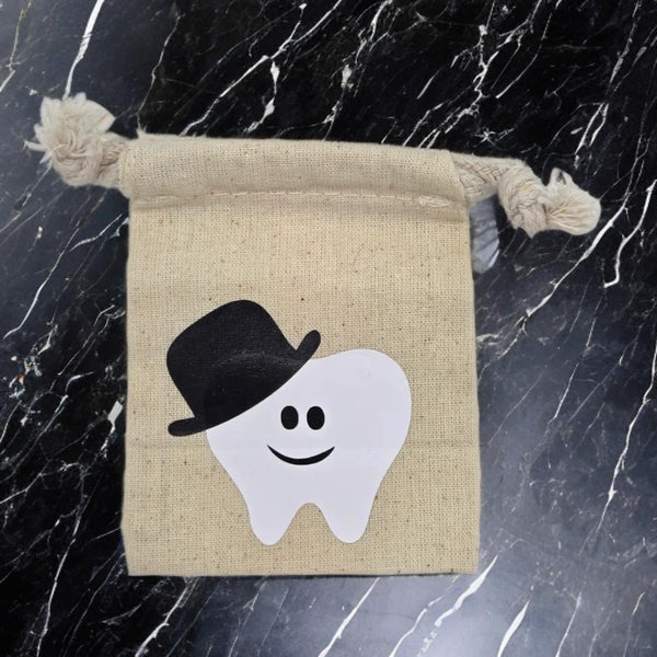 Top Hat Tooth Fairy Pouch – Smiling Tooth Character Cotton Muslin Bag