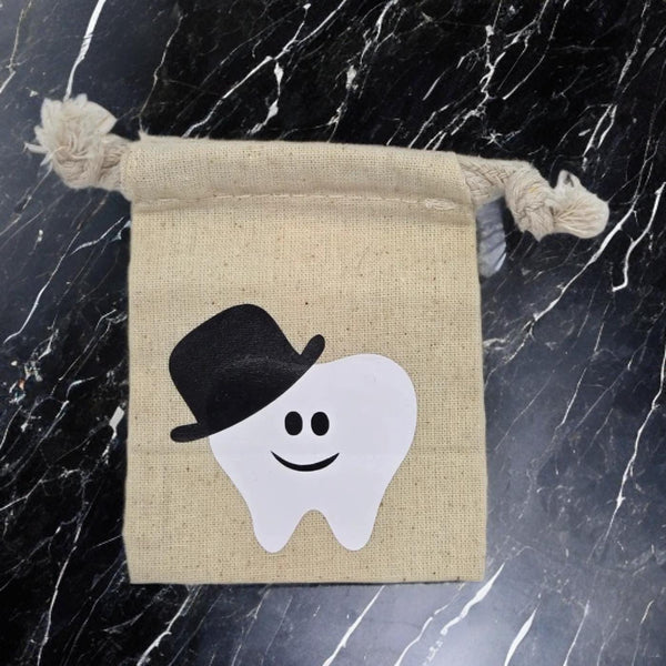 Top Hat Tooth Fairy Pouch – Smiling Tooth Character Cotton Muslin Bag