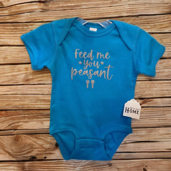 Feed Me You Peasant Funny Baby One Piece, Sarcastic Blue Infant Bodysuit