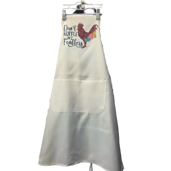 Don't Ruffle My Feathers Rooster Apron, Farmhouse Kitchen Cooking Gift, White Bib Apron with Pockets, Country Chicken Baking Hostess Present