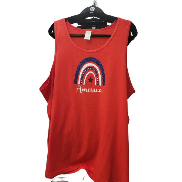 Glitter America Patriotic Boho Rainbow Tank Top, Red 4th of July Summer Shirts