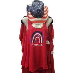 Glitter America Patriotic Boho Rainbow Tank Top, Red 4th of July Summer Shirts