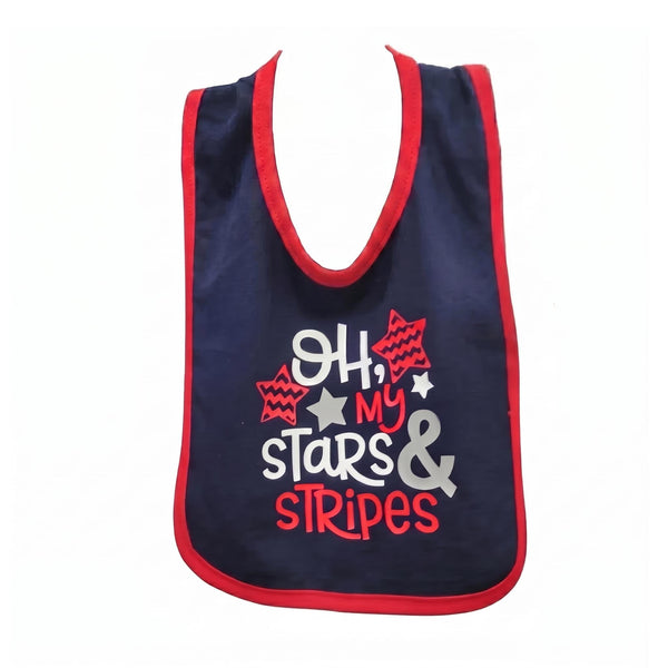 Oh My Stars and Stripes Patriotic Baby Bib, Navy 4th of July Infant Drool Towel, Red White Blue USA Holiday Newborn Gift