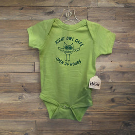 Night Owl Cafe Baby One Piece, Funny Open 24 Hours Infant Bodysuit, Cute Newborn Sleep Deprived Creeper, Sarcastic Baby Clothes