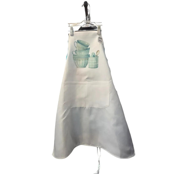 Vintage Blue Teacups Kitchen Apron, Farmhouse Bowls Cooking Gift, Bib Apron with Pockets, Country Baking Hostess Present, Cottagecore Wear